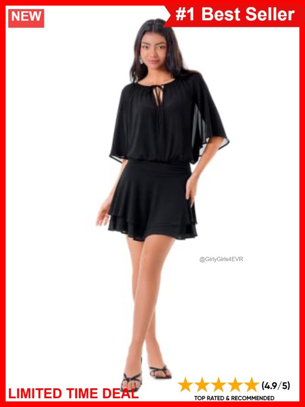 Chiffon Romper V-Neck Tie Front Batwing Sleeve Smocked Waist Mini
